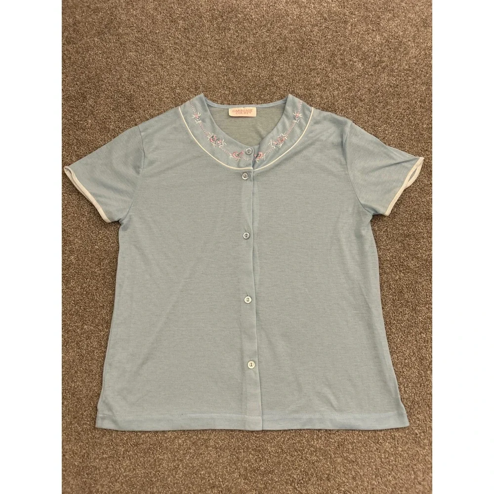 Carriage Court Pajama Top Womens Medium Blue Excellent Embroidered Pointelle
